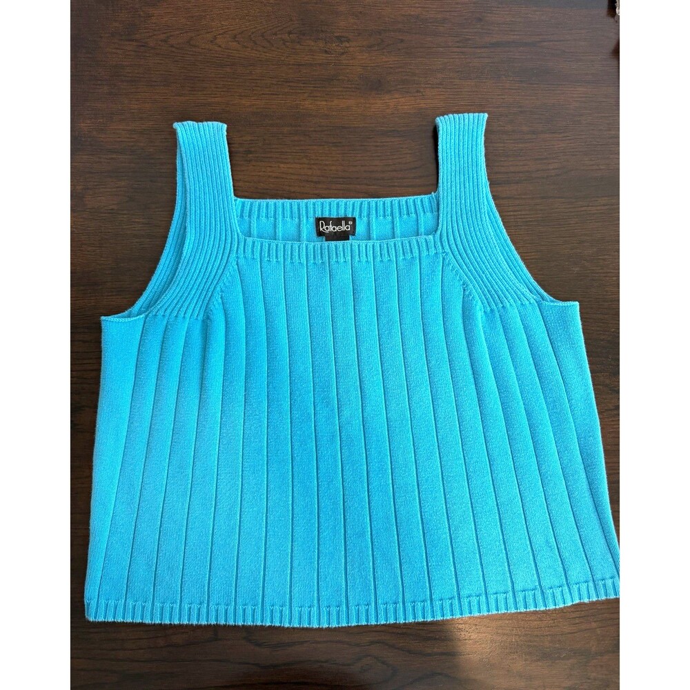 Rafaella Women's L Blue Ribbed Knit 100% Cotton Square Neck Wide Strap Tank